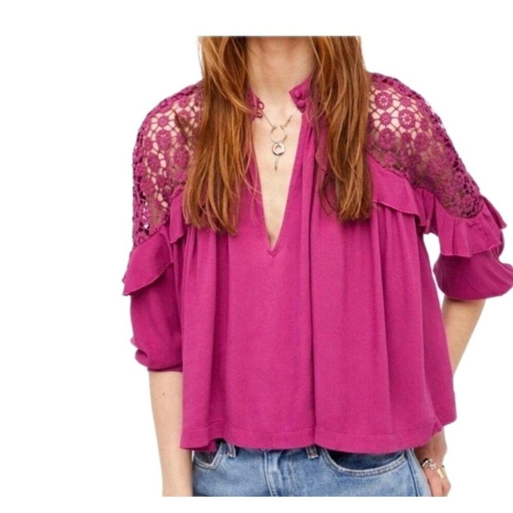 New!! Free People Crochet Boho Ruffle Magenta Flowy Top Little Bit Of Love XS